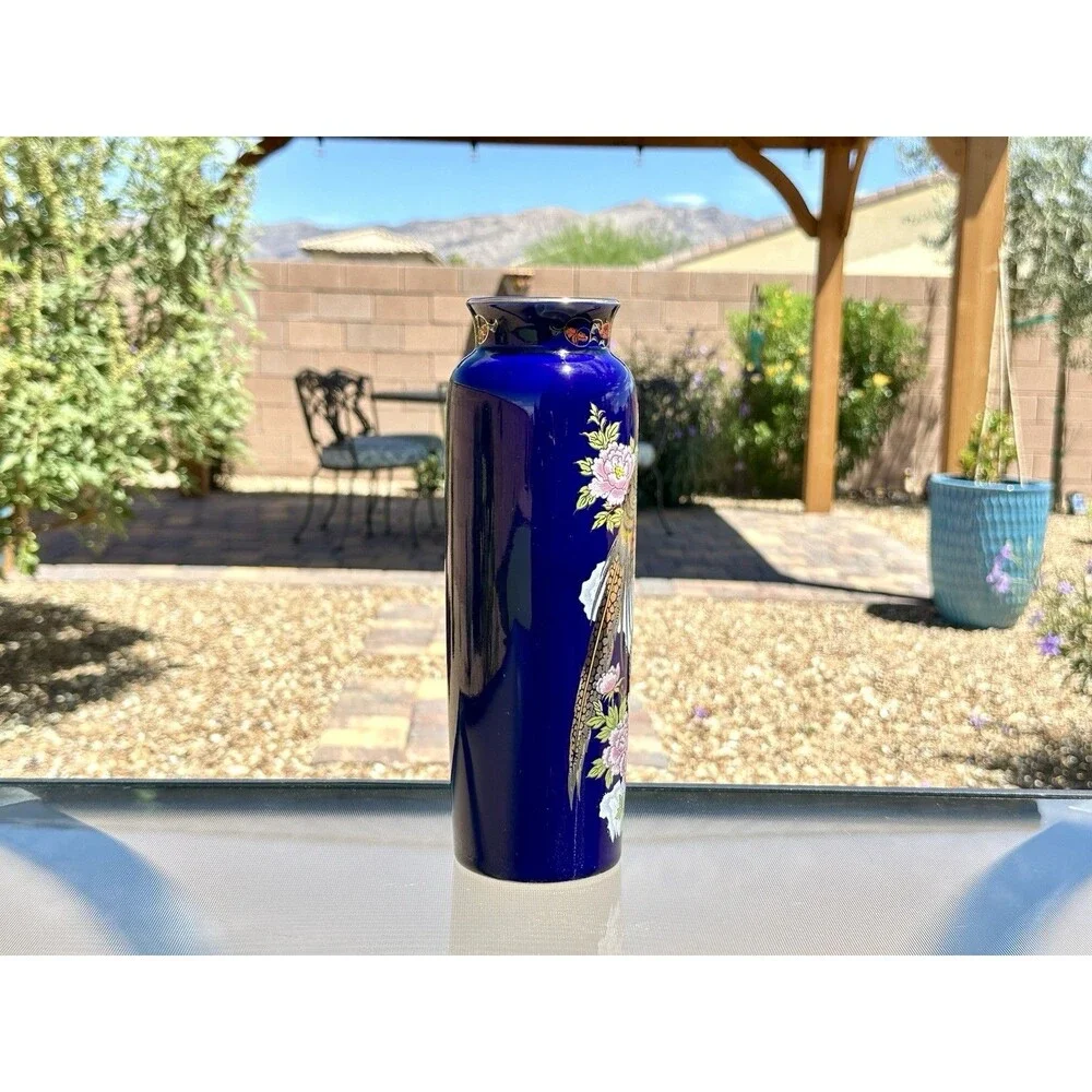 Vintage Japanese Kutani Cobalt Blue Porcelain Vase - Pheasant & Peony Motif